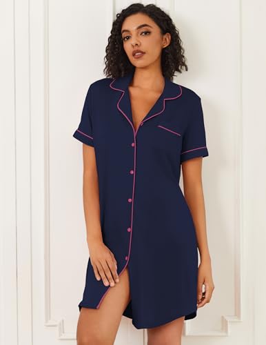 Image of Ekouaer Nightgowns for Women Bamboo Viscose Sleep Shirts Button Down Night Shirt Short Sleeve Boyfriend Pajama Dress
