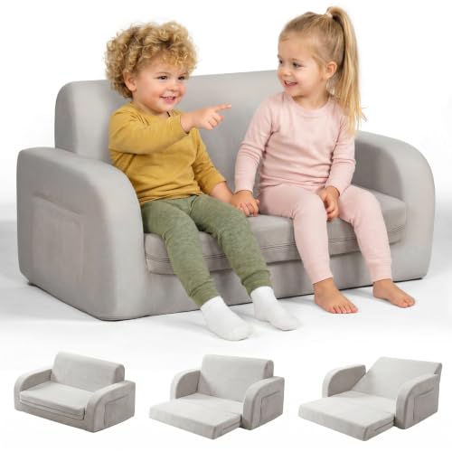 3-in-1 Extra Wide Convertible Kids Couch Flip Open Toddler Couch to Lounger Comfy Toddler Chair Machine-Washable Kids Recliner for Boys Kids Sofa Bed for Fun Playtime or Comfy Lounging Gray