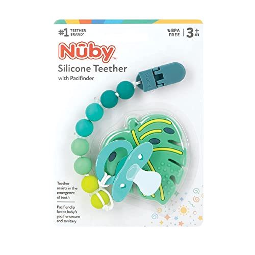 Image of Nuby All Silicone Teether with Bonus Silicone Pacifinder with Clip - 3+ Months, 1pk,Monstera Leaf