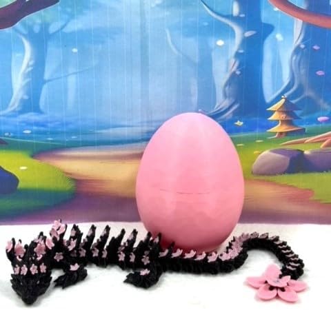 3D Printed Dragon, Black and Pink Cherry Blossom Dragon in Dragon Egg, 12" Articulated Adult Fidget ADHD Autism Toy, Home Office Decor Executive Desk Toy - D028-PE-CLS