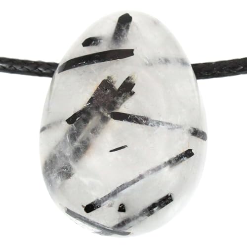 Véritable pendentif en quartz tourmaline en forme de goutte avec ruban en coton ciré - Pierre de tambour percée - Fermeture rotative en acier inoxydable