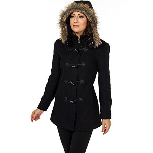Alpine Swiss Duffy Womens Black Wool Coat Fur Trim Hooded Parka Jacket Medium #TOP6
