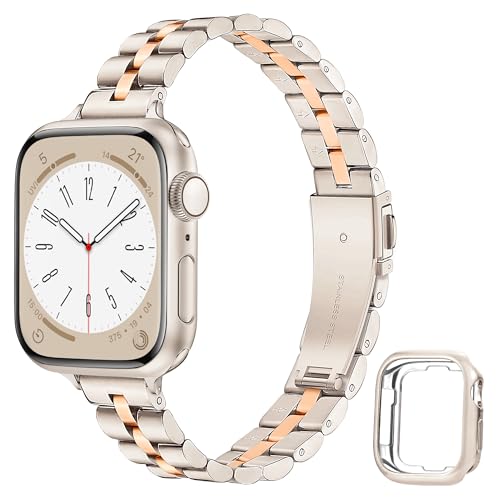 Calina Stainless Steel Band and Soft Case fit Apple Watch Bands 41mm 40mm 38mm Series SE 9 8 7 6 5 4 3-1, Thin Straps for Apple Watch Strap and Bare Cover, iWatch Band for Women-Starlight&RoseGold
