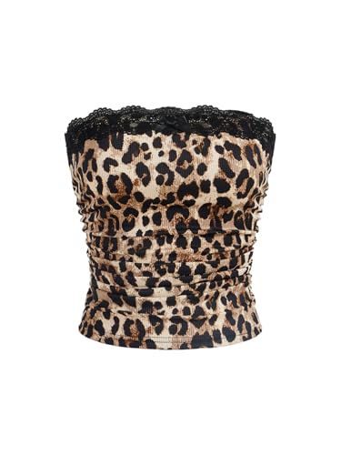 Floerns Women's Cute Lace Trim Strapless Tube Tops Summer Pattern Ruched Bandeau Crop Tube Tops Brown Cheetah Medium