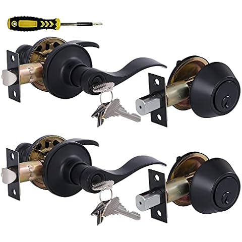 Lanwandeng Keyed Alike Front Door Lever Lockset with Single Cylinder Deadbolt Combination Set, All Keyed Same Exterior Door Handle with Lock and Deadbolt,Matte Finished, 2Sets Cover