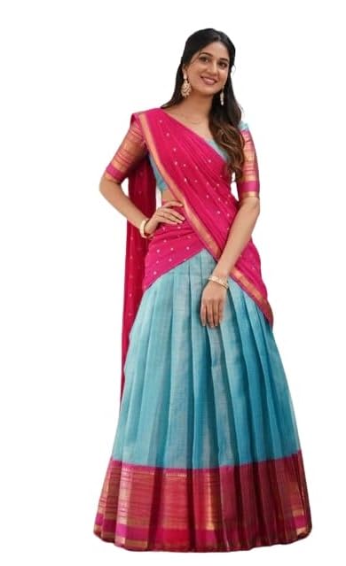 ZETONWomen's KanjiVaram Silk Pure Zari Weaving Lehenga Choli Beautiful Checks Design with Dupatta Blouse (PINK GREEN) (Unstitched)