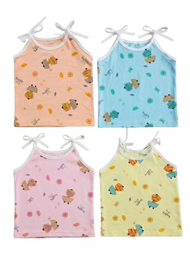 Image of Little Angels Baby Organic Cotton Tie-Knot Sleeveless Jhabla Vest Set | Pack of 4 | Soft & Breathable Printed Tops for Newborn & Infant Girls (0-12 Months)