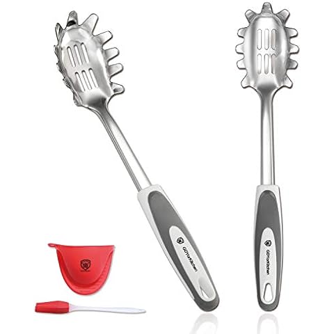 Premium Spaghetti Spoon Server Set - Stainless Steel Slotted Pasta Spoon and Fork with Comfortable Grip Design - Ideal for Serving and Straining Spaghetti, Noodles, and More - Set of 2 With Bonus Gift Cover