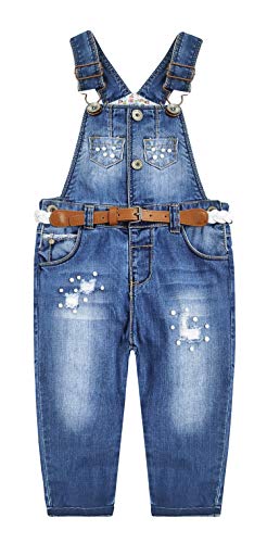 KIDSCOOL SPACE Baby&Little Girls Ripped Pearls Decor Adjustable Wasit Belt Denim Overalls,Blue,2-3 Years
