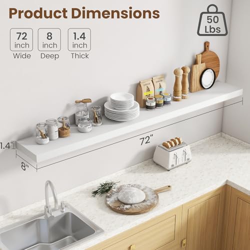 Image of 72 Inch Floating Shelves for Wall, 8 Inch Deep Floating Shelf for Storage & Display, Rustic Wall Mounted Shelf with Invisible Brackets for Living Room, Kitchen, Bathroom, Home Decor, Set of 2, White