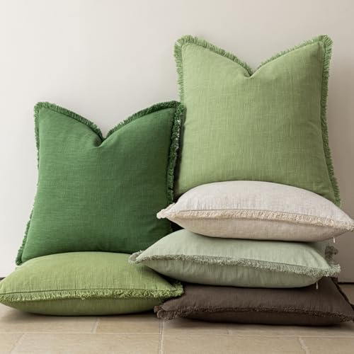 Image of Foindtower Set of 2 Decorative Linen Fringe Lumbar Throw Pillow Covers Boho Farmhouse Cushion Cover with Tassels Soft Accent Pillowcase for Couch Sofa Bed Living Room Home Decor,12x20 Inch,Lime Green