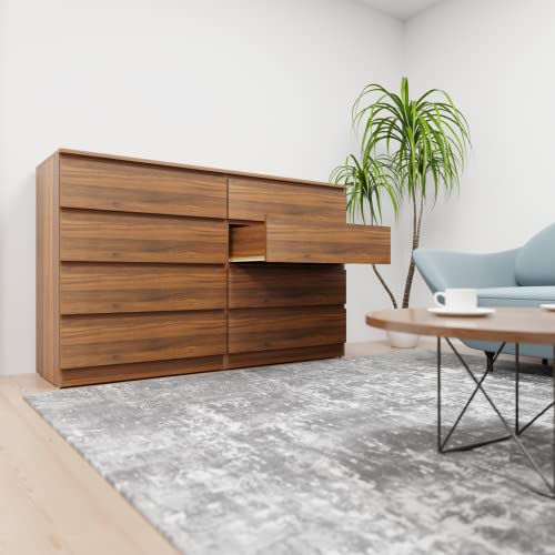 Image of VIKI Dresser with 8 Drawers, Chest of 8 Drawers,Clothes Storage, Organizer Unit for Bedroom, Hallway, Entryway,Easy Pull Drawers, Width 160cms, Brussel Walnut Colour | 1 Year Warranty | Free Assembly