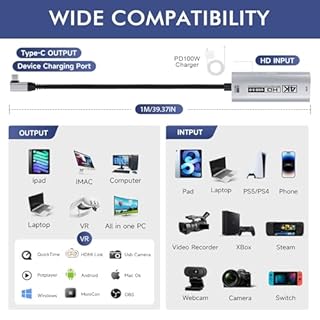 Guermok 4K USB3.0 HDMI Capture Card for Streaming, PD100W, 90° USBC, 3.3ft 4K@60FPS 1080P@240FPS HDMI to USB A/C Video Capture Devices for Pad/Tablet/MacOS /Switch2/1/ Camera/PC/Laptop