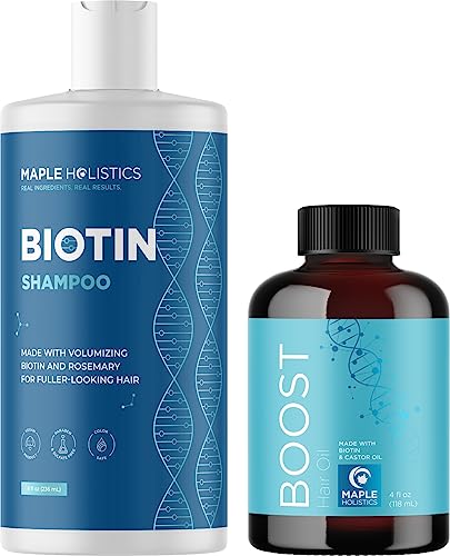 Sulfate Free Biotin Shampoo and Biotin Hair Oil Bundle - Vegan Hair Thickening Shampoo and Biotin Hair Growth Serum Set for Dry Damaged Hair and Growth with Castor and Rosemary Oil for Hair Growth