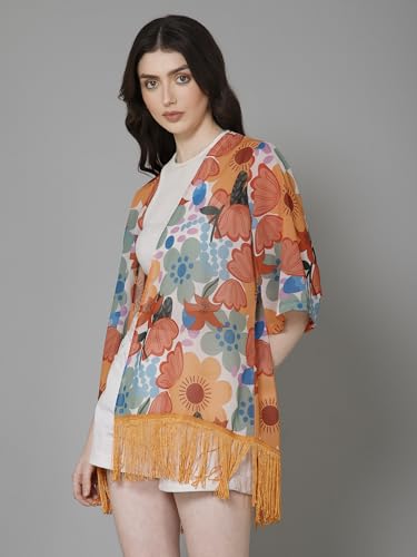 Image of PURYS Floral Print Shrug for Women | Lightweight Georgette Kimono| Versatile Casual Shrug for Layering and Summer Fashion