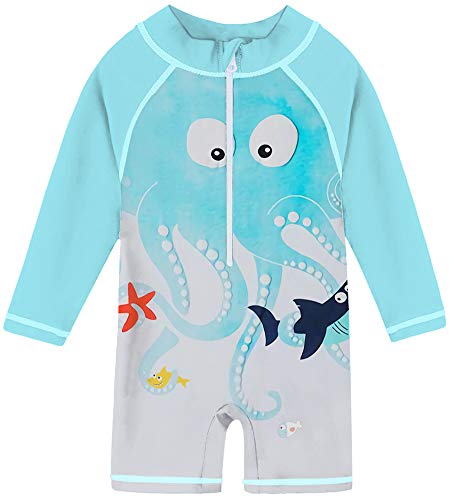 Funnycokid Sun Protective Baby Swimsuit Infant Boy Zipper Rash Guard Swimwear UPF 50+ 6-12 Months Blue