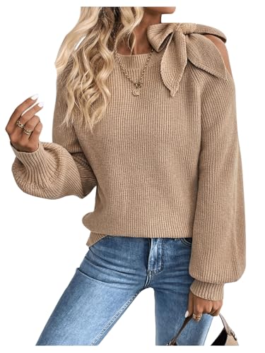 GORGLITTER Women's Bow Sweater Cut Out Tie Shoulder Long Sleeve Knit Pullover Tops Fall Fashion