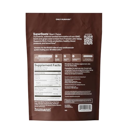 Image of HumanN SuperBeets Heart Chews, Nitric Oxide and Blood Pressure Support, Grape Seed Extract & Non-GMO Beet Root Powder Energy Supplement, Chocolate Flavor, 60 Count