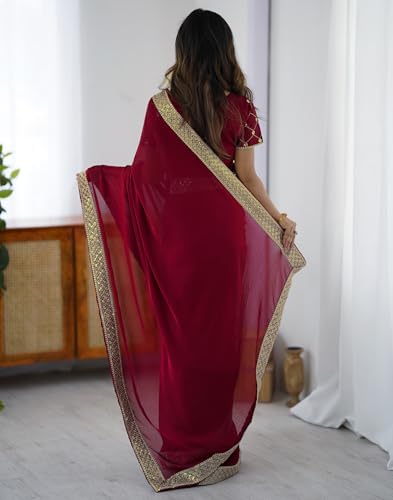 Image of SIRIL Women's Chiffon Sequence Embroidery Lace Saree with Unstitched Blouse Piece
