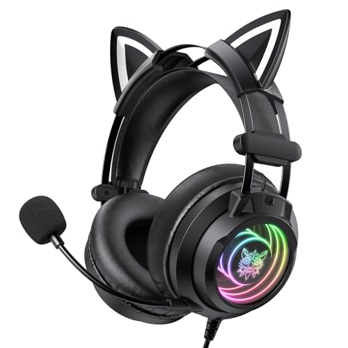 ONITOON Gaming Headset with Microphone, Detachable Cat Ears, Abyssal Mirror RGB Light, 50 MM Drivers Surround Sound, Lightweight Gaming Headphones for PC/Laptop/PS4/PS5/Switch