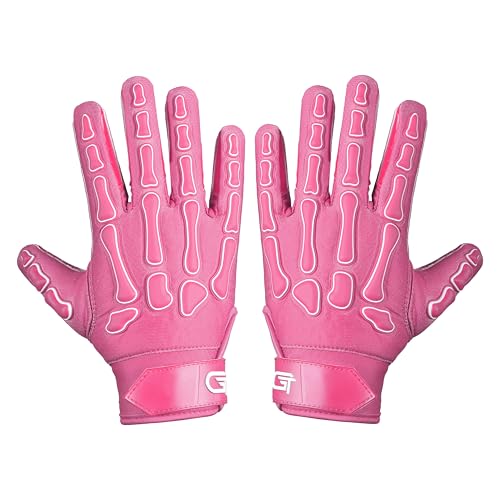 Glorious Traders Youth Football Gloves American Wide Receiver Injected Bones Football Gloves for Adult Men Women & Boys with Super Sticky Silicone Grip Palms (Pink, Adult Medium)