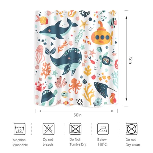 Image of Kids Cartoon Ocean Shower Curtain Cute Fish Sea Turtle Whale Dolphin Funny Underwater Submarine Animal Sea Life Children Home Bathroom Decor Waterproof Fabric 72Lx60W Inch with 12PCS Hooks