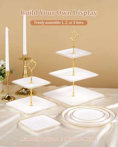 Lzerking 13pcs Dessert Table Display Set, 6 3-Tiered Cupcake Stands (3round & 3square) with 4 Trays & 3 Tongs, White Gold Plastic for Wedding, Tea Party, Baby Shower Decor, Birthday Party Decoration - Image 6
