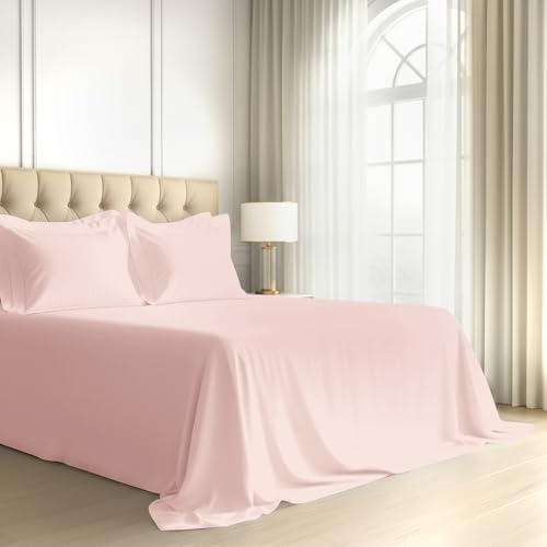 Image of Pizuna 100% Cotton Bedsheet Super King Size Light Pink, 800 Thread Count Long Staple Combed Cotton Flat Bedsheets 108x108 Inches with 4 Pillow Covers, Bed Sheet for Super King Size Bed