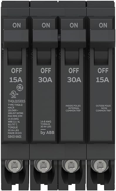 ABB Q-Line® THQLQ153015 Quad Circuit Breaker • 15A/1P, 30A/2P, & 15A/1P Configuration • 120/240 VAC, 10 kAIC • Thermal Magnetic Trip • Space-Saving Plug-in Mount Type