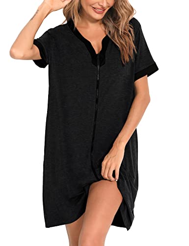 Swomog Womens Zip Upper House Coats Short Sleeve Robe Modal Nightgown Sleepwear Casual Nights With Pockets S-Xxl #TOP1