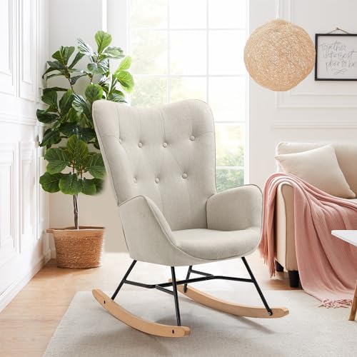 MEUBLE COSY Schaukelstuhl Sessel Schaukelsessel Stillstuhl Schwingstuhl mit Armlehnen Gepolsterter Sitzfläche für Wohnzimmer Schlafzimmer, Balkon, Stoff und Holzkufen, Bis 120 kg Belastbar, Beige