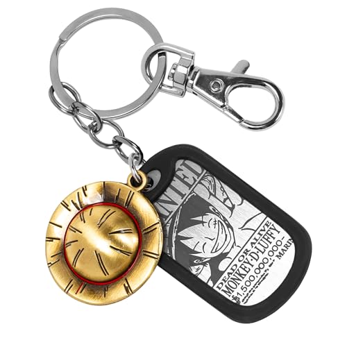 Weeb Keychains One Piece Anime Keychain with Straw Hat & Metal Dog Tag, Premium Zinc Alloy One Piece Merch for Monkey D Luffy Fans, Durable, Lightweight Keychain Gift for Everyday Carry