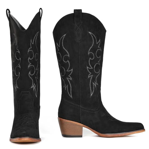 Image of IUV Cowboy Boots For Women Western Cowgirl Boots Mid Calf Snip Toe Boot With Chunky Heel