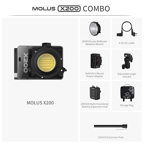 Image of ZHIYUN MOLUS X200 Bi-Color Combo 200W Video Light [Official] Handheld Professional Photography Light Portable Continuous Output Light Bowens Mount 2700K~6500K CRI≥95 TLCI≥97 Only 800g (NO Battery)