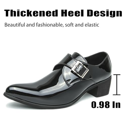 Men's Patent Leather Chunky Heels Monk Strap Oxfords Classic Pointed Toe Comfortable Slip On Low Block Heel Dress Loafers for Party Wedding Business Office2