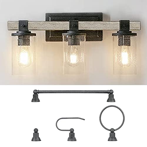 hykolity Farmhouse Vanity 3-Light, 5-Piece All-in-One Bathroom Set (E26 Bulb Base), Industrial Light Fixture with Seeded Glass Shades, Wall Sconce for Kitchen, Hallway