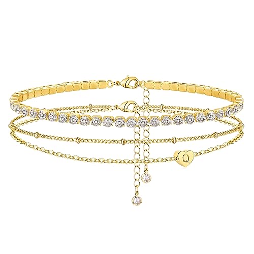 Image of Yanoda Initial Ankle Bracelets for Women, 14K Gold Plated Waterproof Dainty Layered Heart Letter Initial Anklets Personalized Gifts