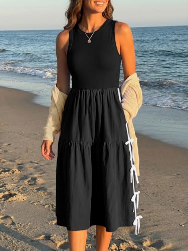 Fisoew Womens Sleeveless Midi Dress Summer Ribbed Knit Patchwork Self-tie Bow Loose Active Tank Dresses with Pockets Black — view 2
