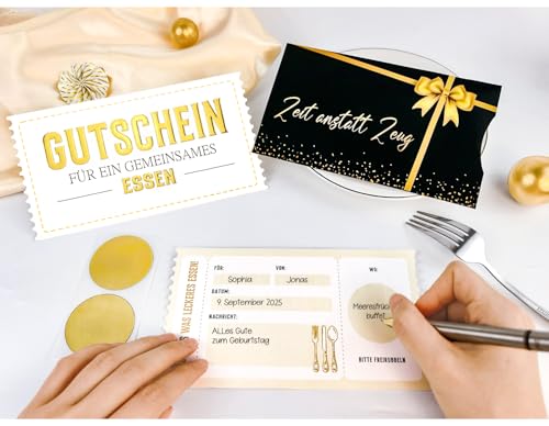 Luckeey Gutschein für ein gemeinsames Essen – Edle Geschenkkarte mit Goldfolie, Umschlag „Zeit anstatt Zeug“ & Rubbelaufkleber und Hülle – Gutscheine zum Selberausfüllen, Gutscheinkarte Essen gehen