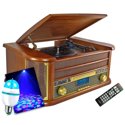 gef-roy Chaîne HiFi INOVALLEY RETRO29-E Vinyle Style rétro Bluetooth, CD, K7 Audio, FM, USB + télécommande, Ampoule Culot E27 DIAMS LED
