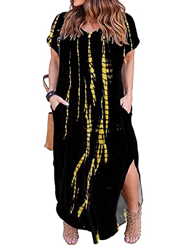 Image of Kancystore Women's Plus Size Dresses Summer Casual Loose Pocket Short Sleeve Slits Long Maxi Dress XL-5X