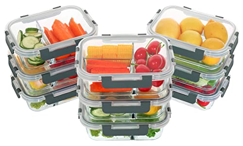 Komuee 9 Packs Glass Meal Prep Containers 1&2&3 Compartments,Glass Food Storage Containers With Airtight Lids，Glass Lunch Containers,Glass Bento Boxes,Bpa Free,Gray #TOP6