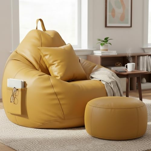 Image of KAM'S LIEU Leatherette Bean Bag Chair with Footrest | Filled with EPS Beans | Comfortable Sofa for Living Room & Bedroom | 4XL Size, Easy to Clean Color- (Yellow)