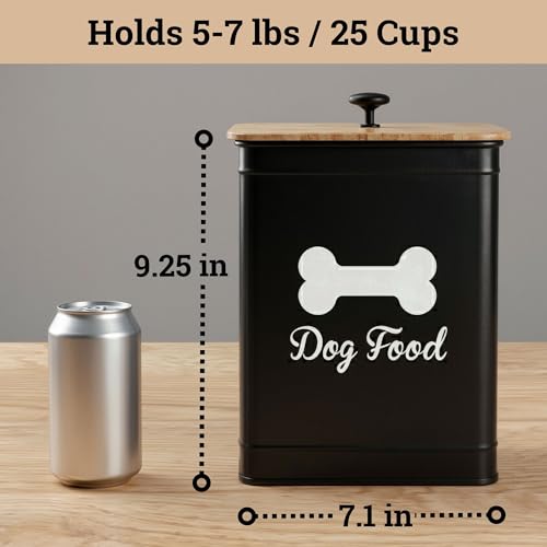Dog Food Container Airtight 5-7 lb (25 Cup) Capacity - Cute Airtight Dog Food Storage Container with Bamboo Lid & Sturdy Metal Handle - Black Metal Kibble Storage Bin for Dogs up to 50 lbs - Pet Jar by HB Design Co. - Used condition - Image 6