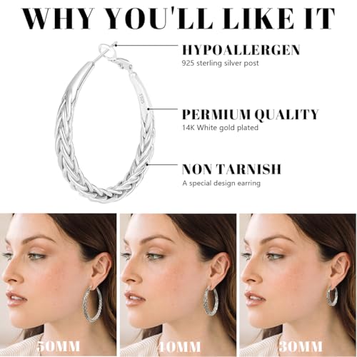 Silver Hoop Earrings for Women Trendy Hypoallergenic 925 Sterling Silver Post Hoop Earrings Lightweight Thick Twisted Large Silver Hoop Earrings 30/40/50MM4