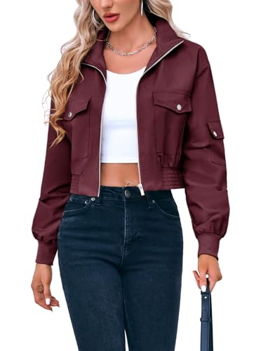 Fisoew Women's Fashion Cropped Bomber Jacket Long Sleeve Zip Up Stand Collar Jacket Coat with Pocket