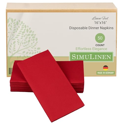SimuLinen Red Linen Feel Disposable Dinner Napkins - Cloth-Like Kosher Napkins for Weddings and Showers, 16