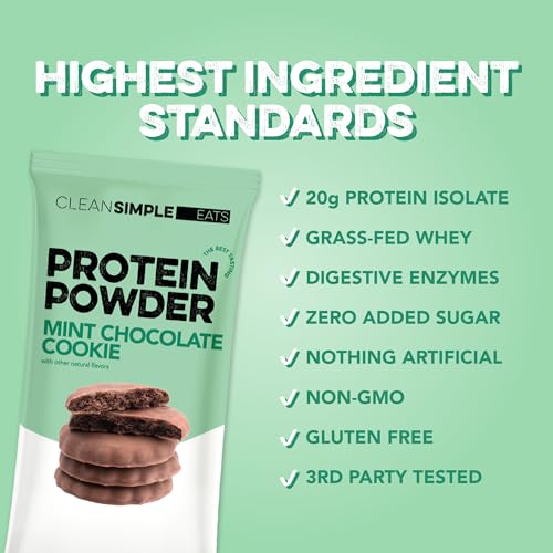 Image of Clean Simple Eats Whey Isolate Protein Powder, Mint Chocolate Cookie, Naturally Sweetened, Zero Added Sugar, 20g 100% Grass Fed Protein Powder with Digestive Enzymes, Gluten Free, Non GMO, 10 Sticks