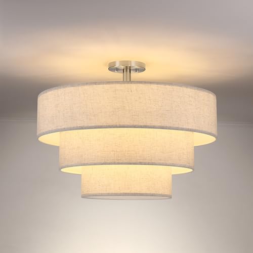 Doraimi Lighting 3 Tier Cream Linen Drum Fabric Semi Flush