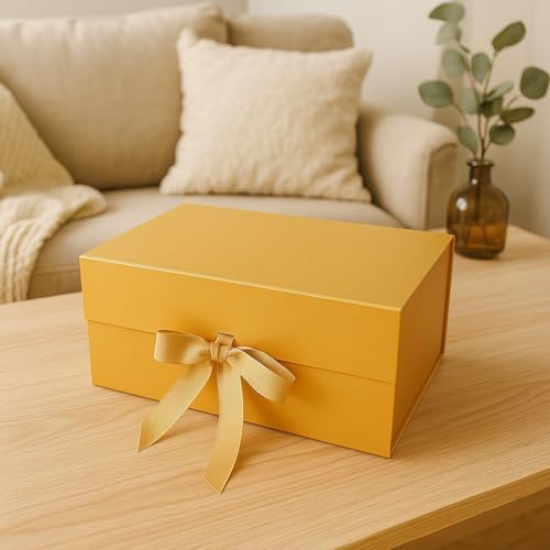 Image of Awestuffs Premium Golden Gift Boxes for Gift Packaging, Reusable Decorative Gift Boxes (23 x 16 x 10 cm) for Hampers, Weddings, Birthdays, Festivals & Corporate Gifts (Pack of 1)